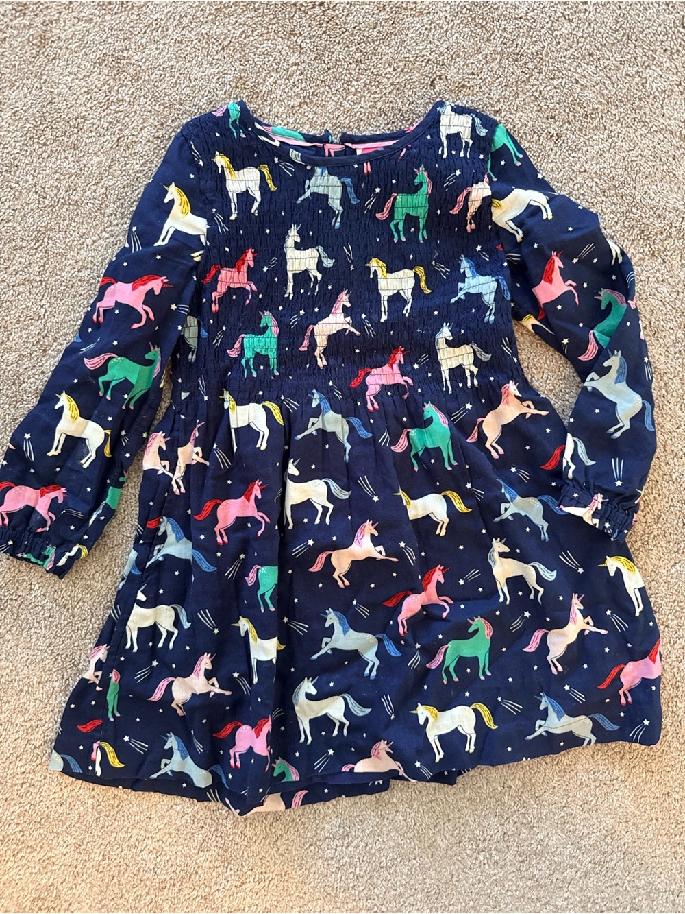 Mini Boden Girls Navy Unicorn Print Long Sleeve Dress